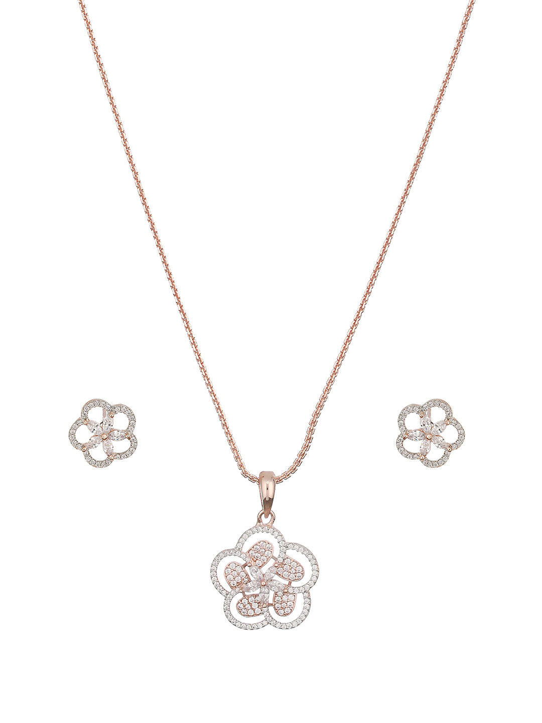 Rose Gold Plated AD Studded Minimal Floral Officewear Locket Jewellery  Set