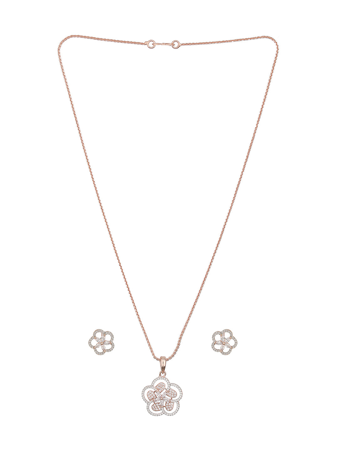 Rose Gold Plated AD Studded Minimal Floral Officewear Locket Jewellery  Set