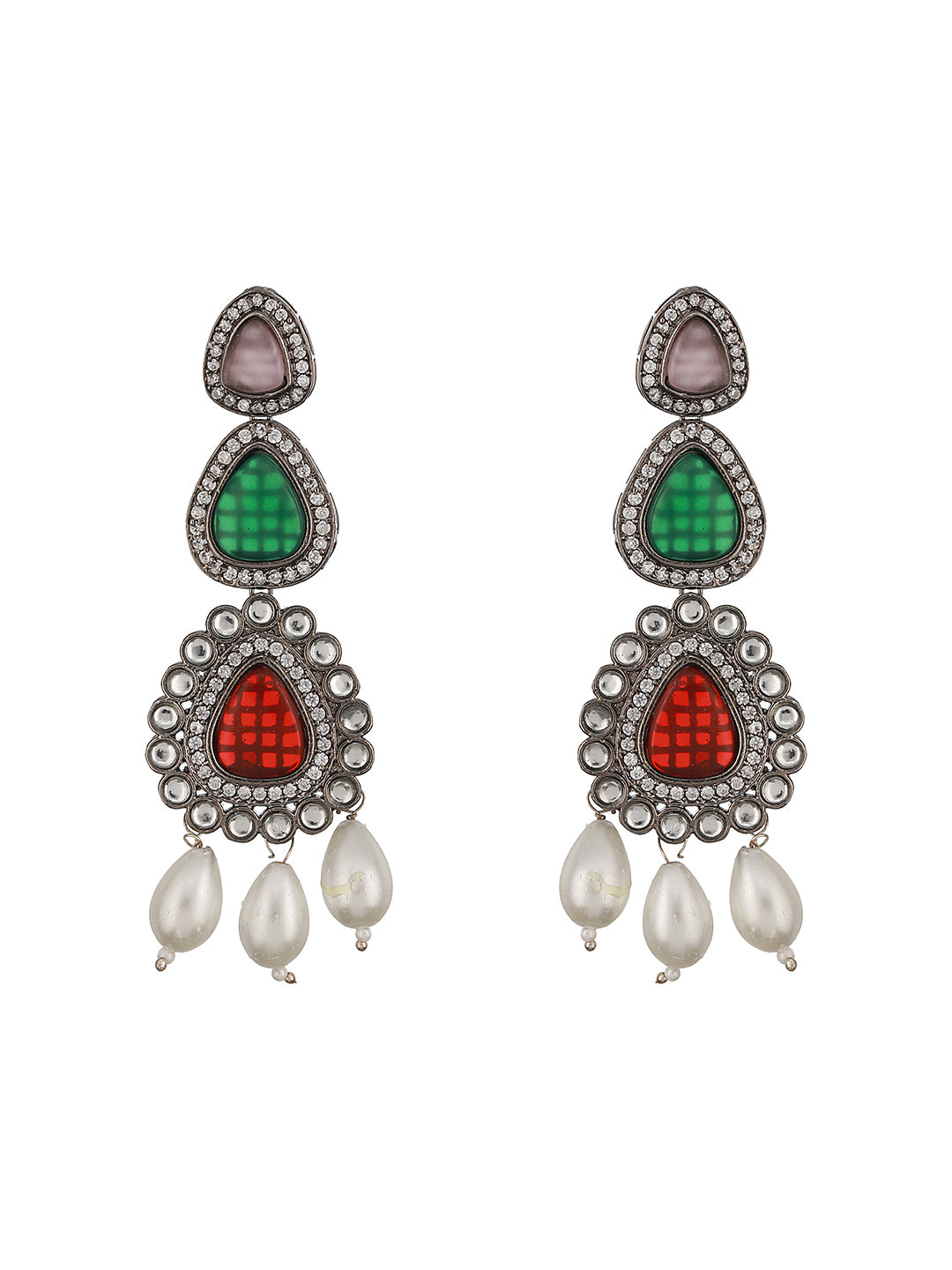Silver Toned Multicolored Kundan & Pearl Beaded Designer  Jewellery Set