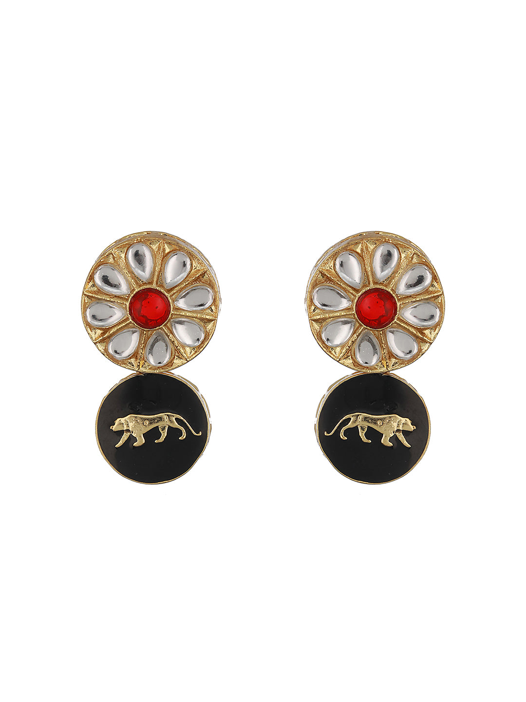 Gold Toned Red Kundan Lion Motif Locket Jewellery Set