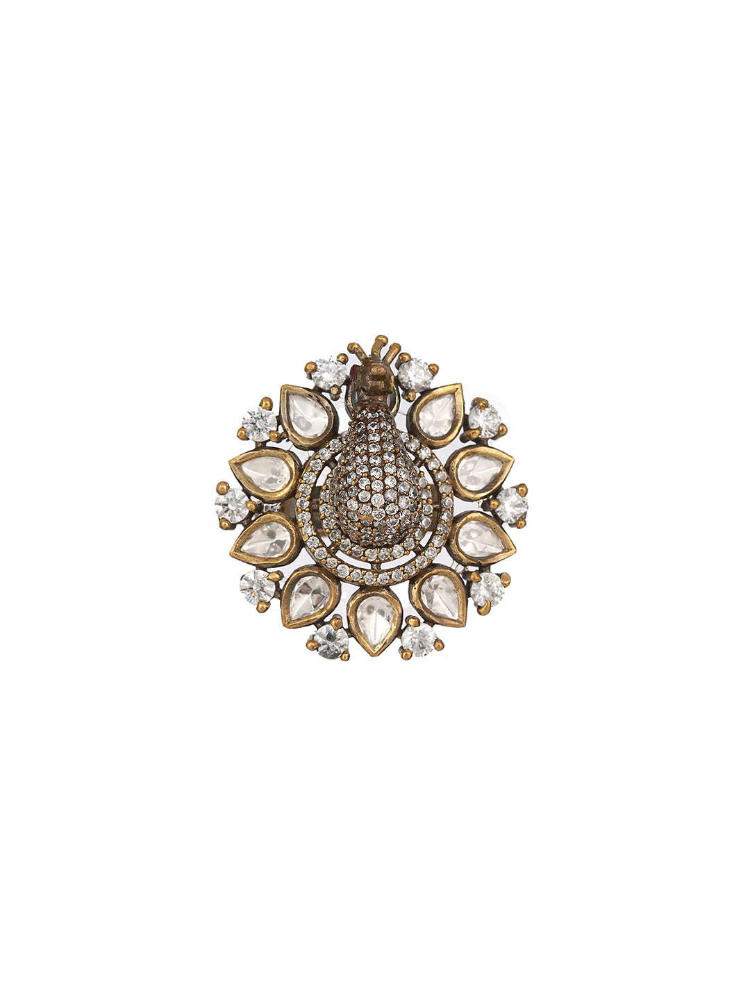 Black Gold Plated AD Kundan Peacock Finger Ring
