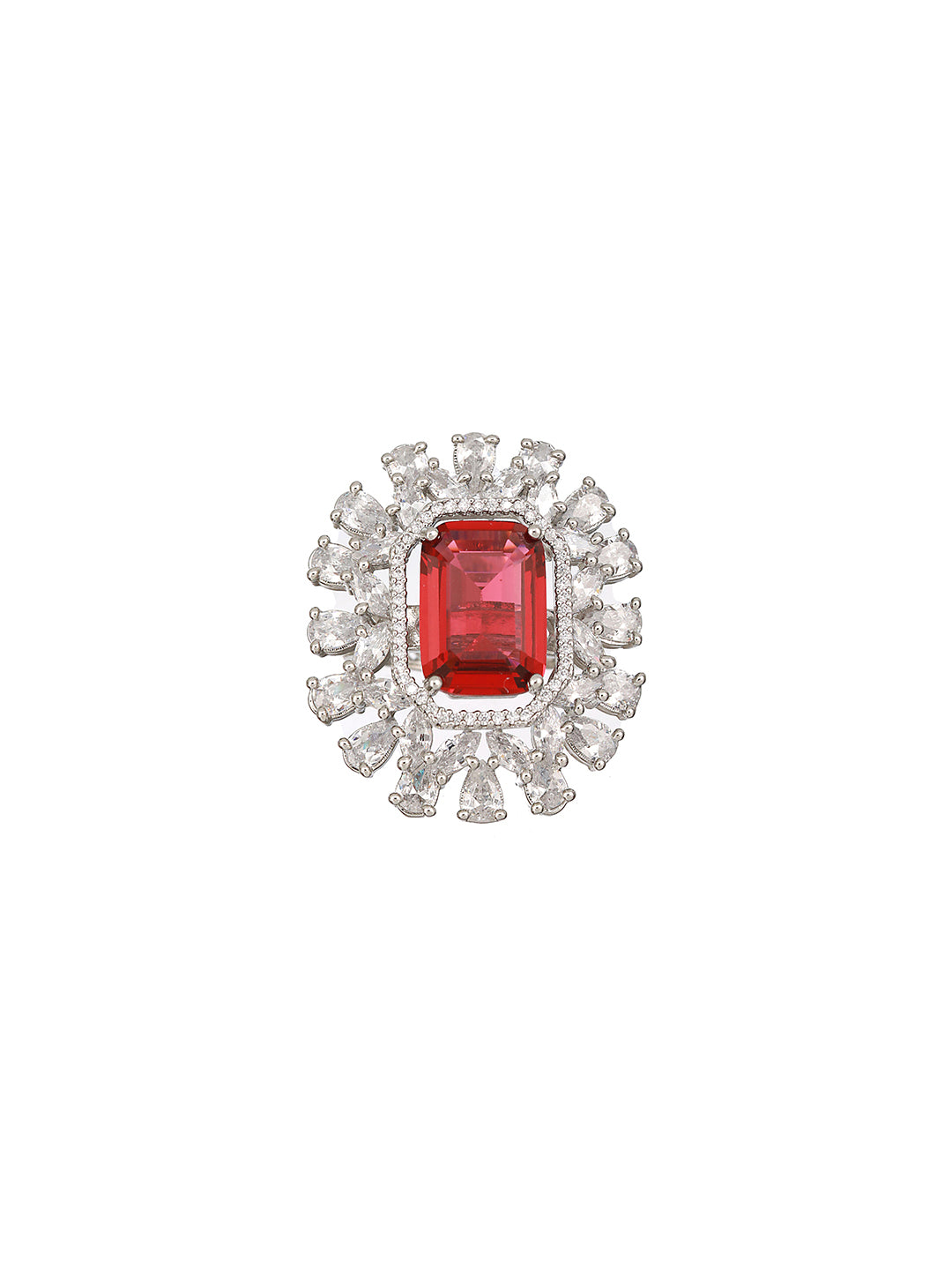 Silver Plated Red CZ Studded  Designer Adjustable Cocktail Finger Ring