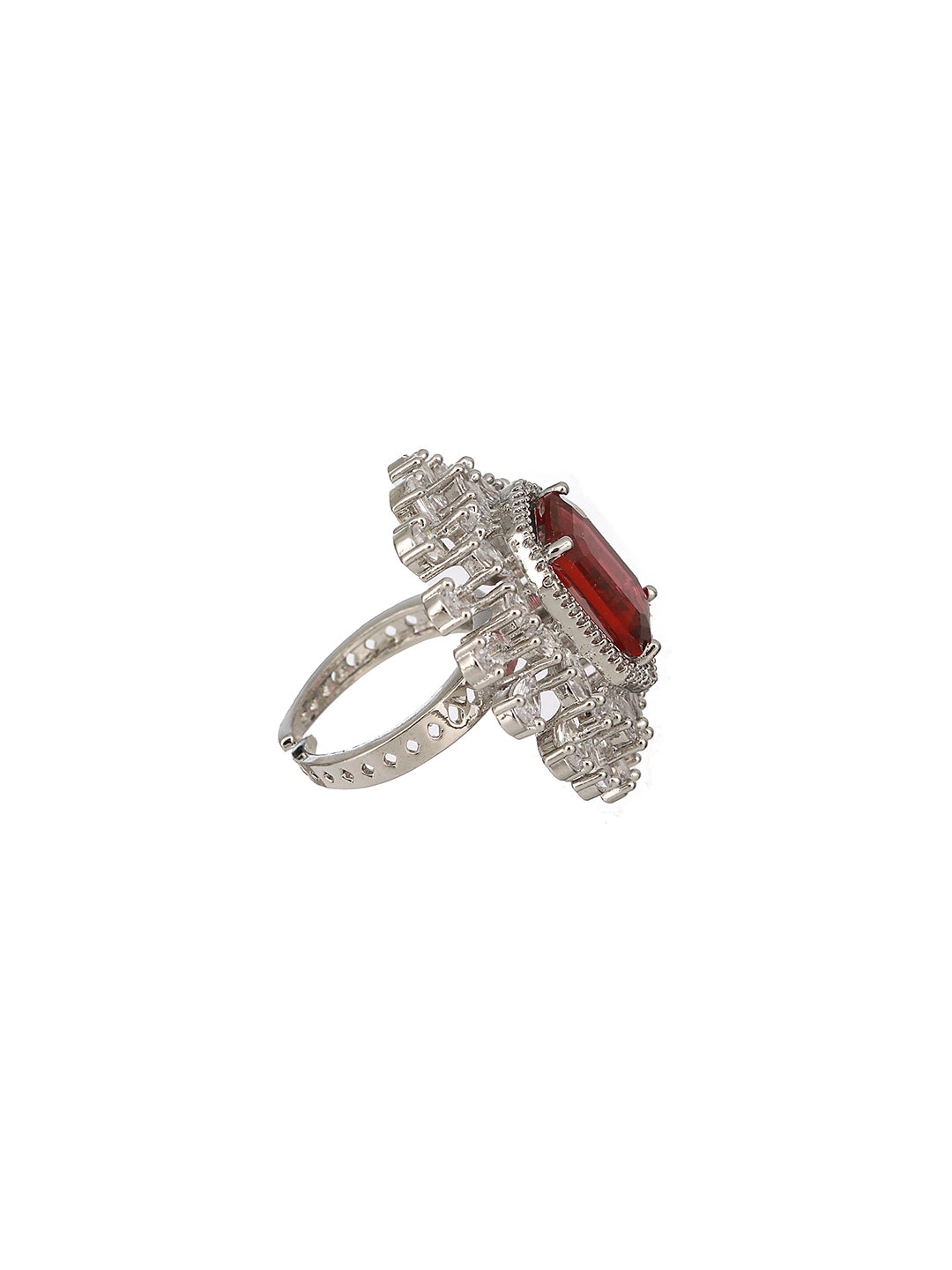 Silver Plated Red CZ Studded  Designer Adjustable Cocktail Finger Ring