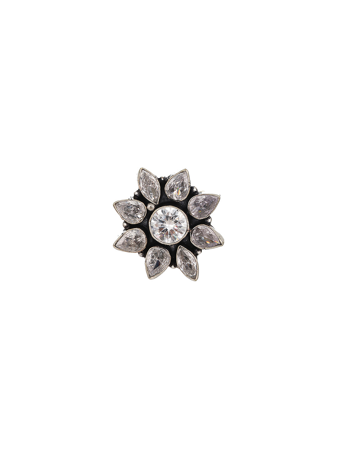 Silver Oxidised  White Stones Studded Adjustable Finger Ring