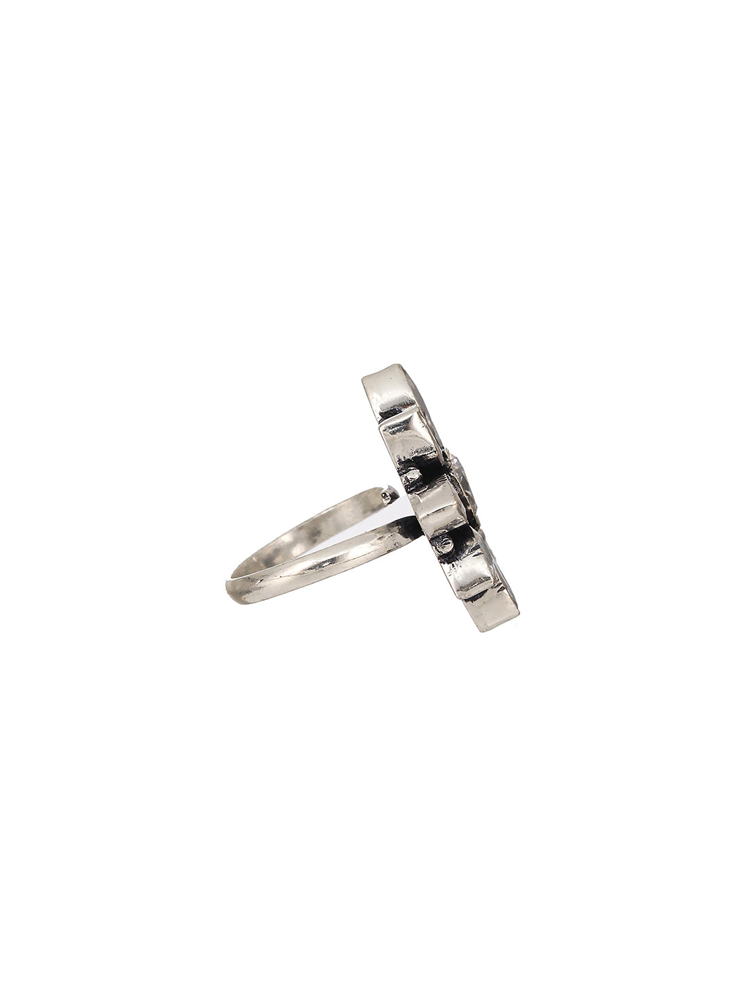 Silver Oxidised  White Stones Studded Adjustable Finger Ring
