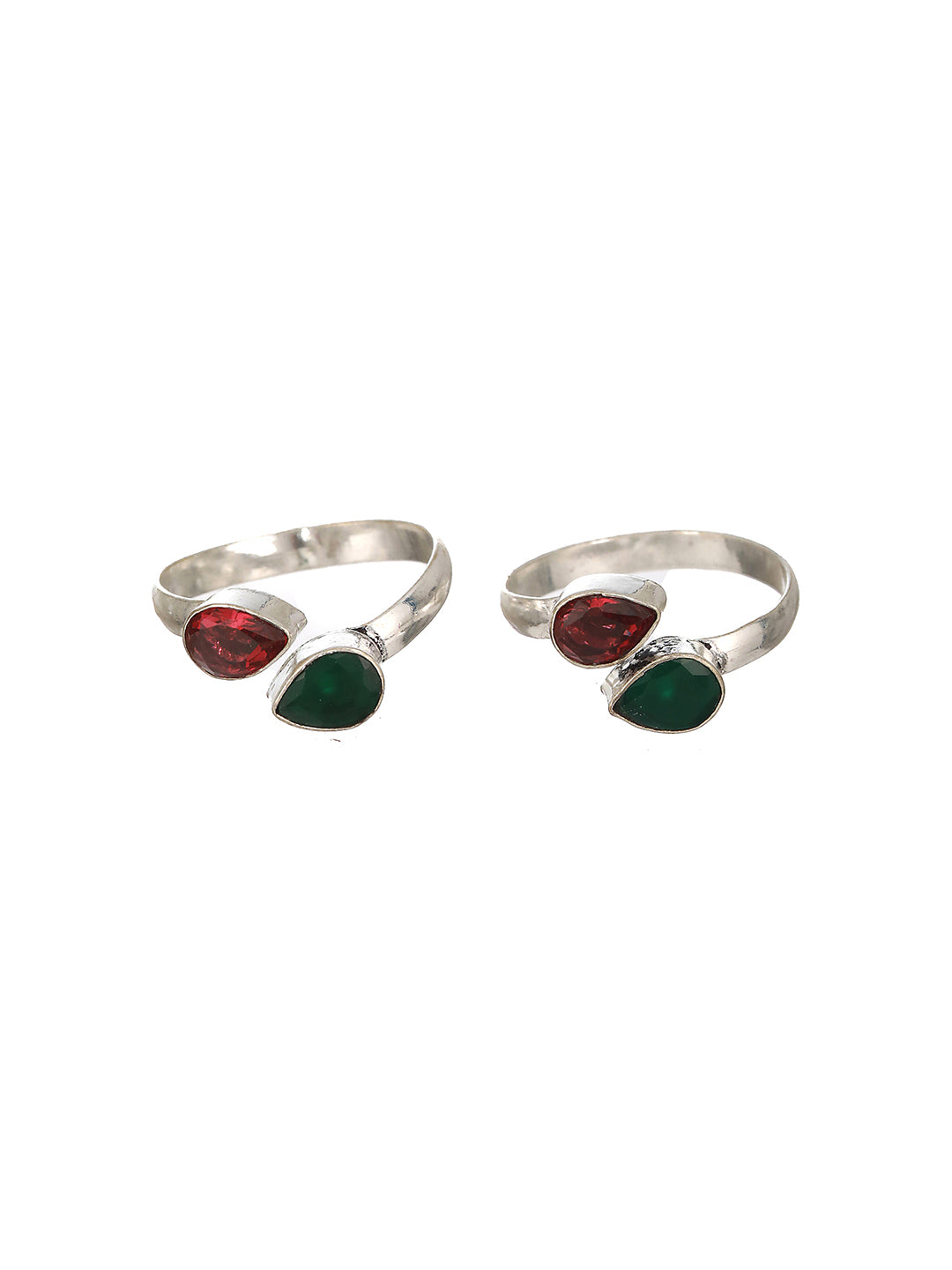 Set of 2  Silver Toned Red & Green Stone Studded Adjustable Toe Ring