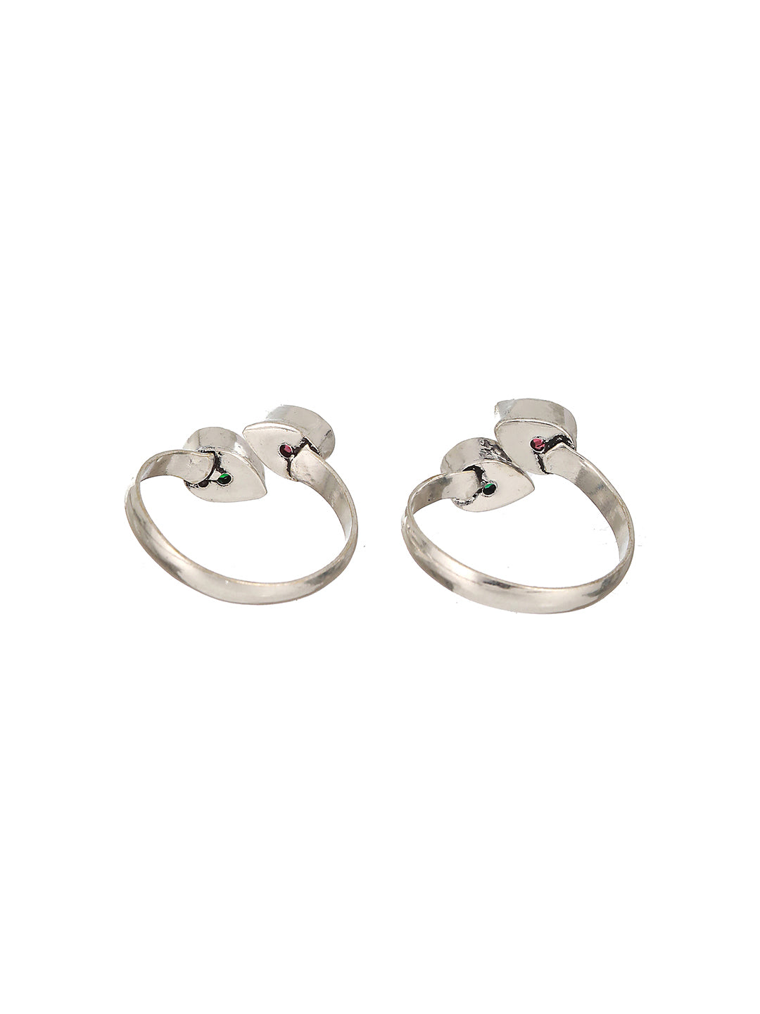 Set of 2  Silver Toned Red & Green Stone Studded Adjustable Toe Ring