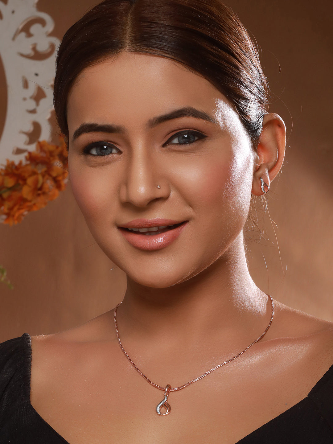 Rose Gold Plated AD Studded Swirl Minimal Pendant Necklace Jewellery Set