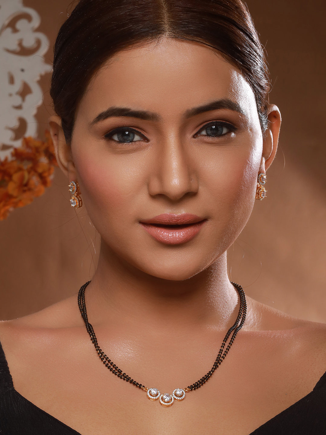 Gold-Plated-Zircon-Studded-Black-Bead-Mangalsutra-Chain-Minimal-solitaire-Jewellery-Set