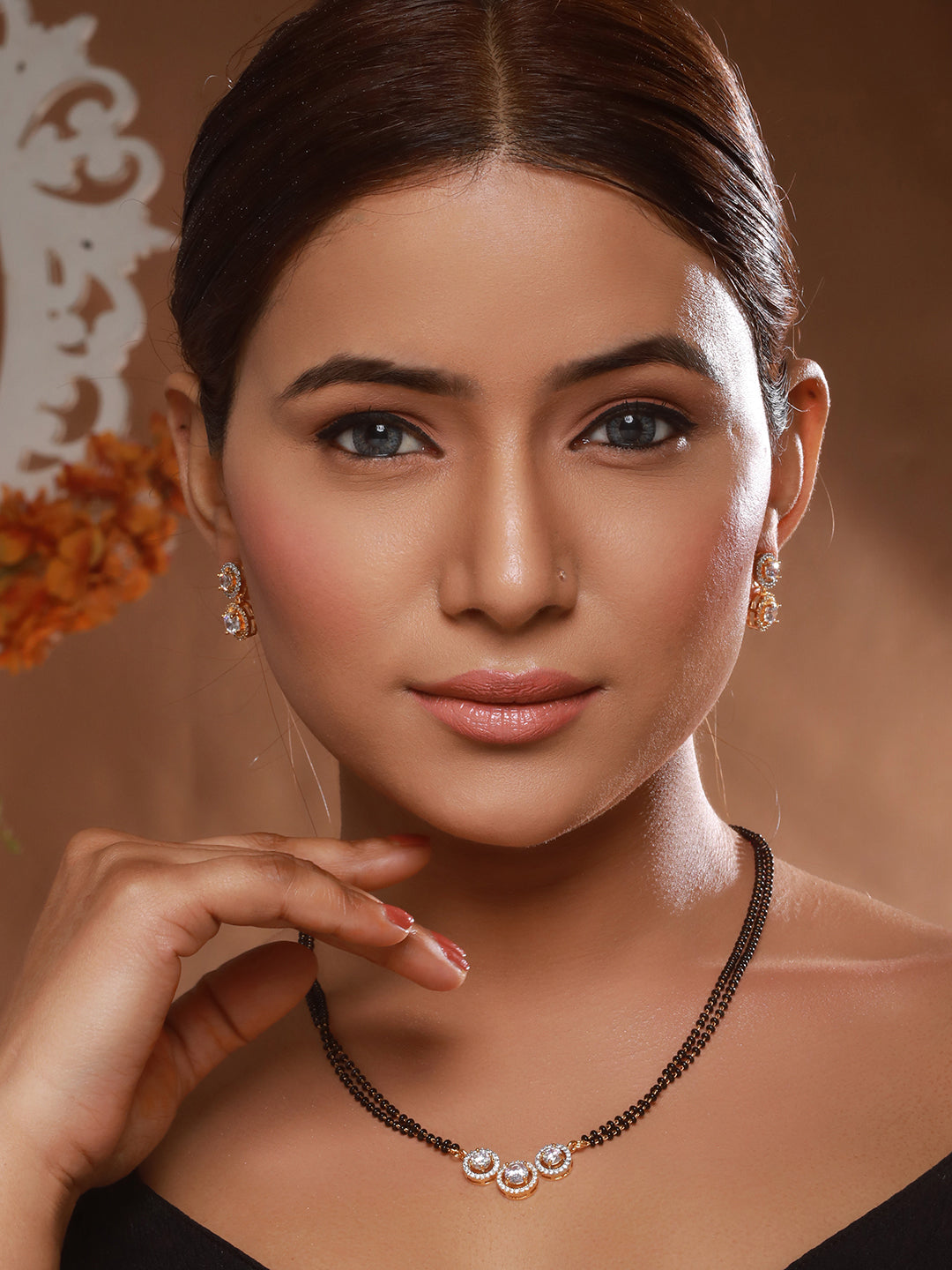 Gold-Plated-Zircon-Studded-Black-Bead-Mangalsutra-Chain-Minimal-solitaire-Jewellery-Set
