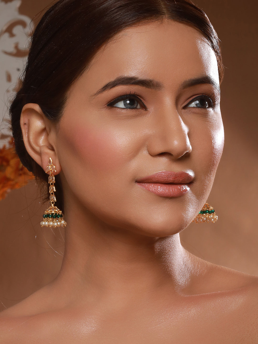 24K Gold Plated Zircon Studded Pearl Beaded Dropdown Minimal lightweight Jhumka Earrings