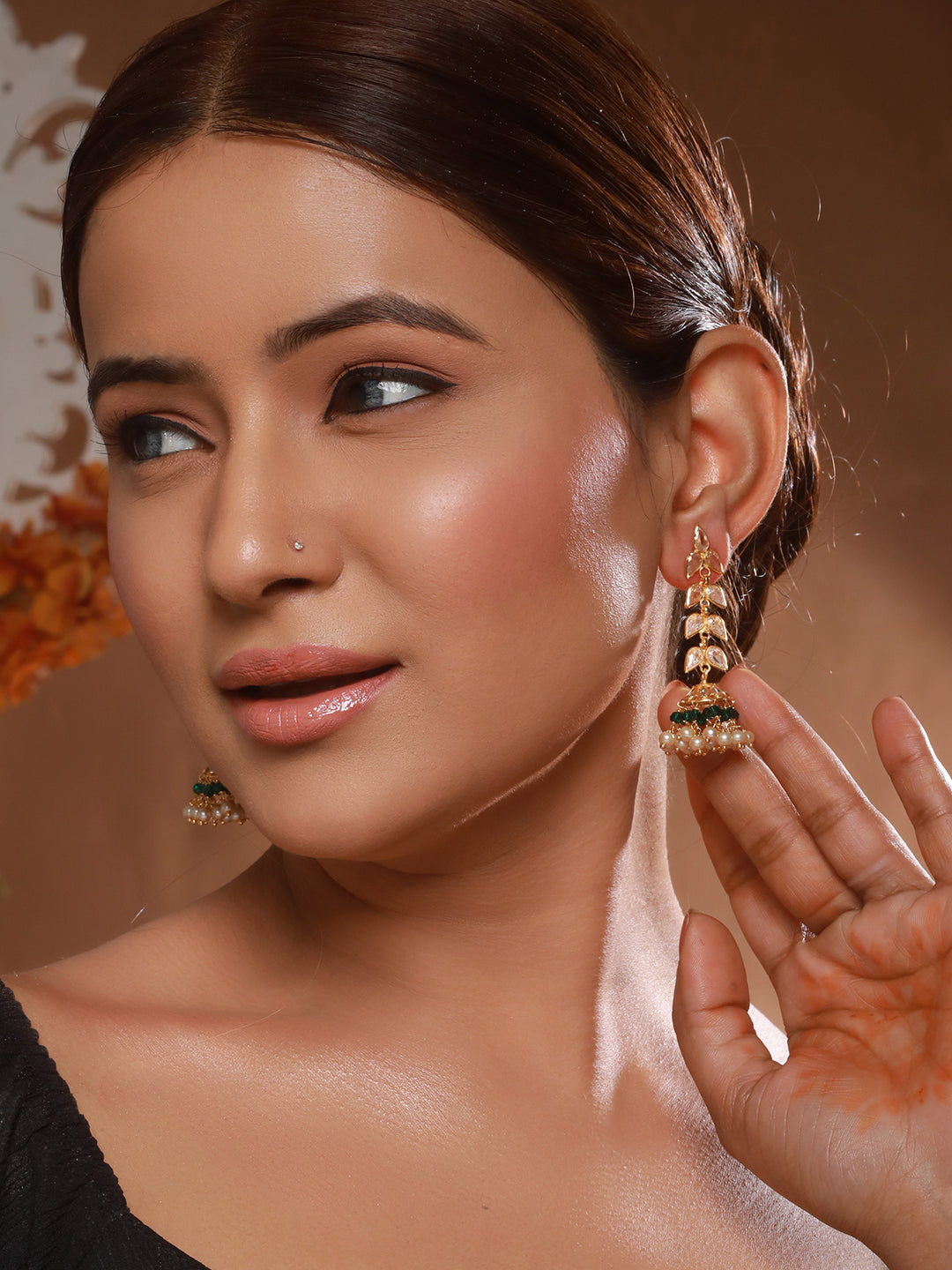 24K Gold Plated Zircon Studded Pearl Beaded Dropdown Minimal lightweight Jhumka Earrings