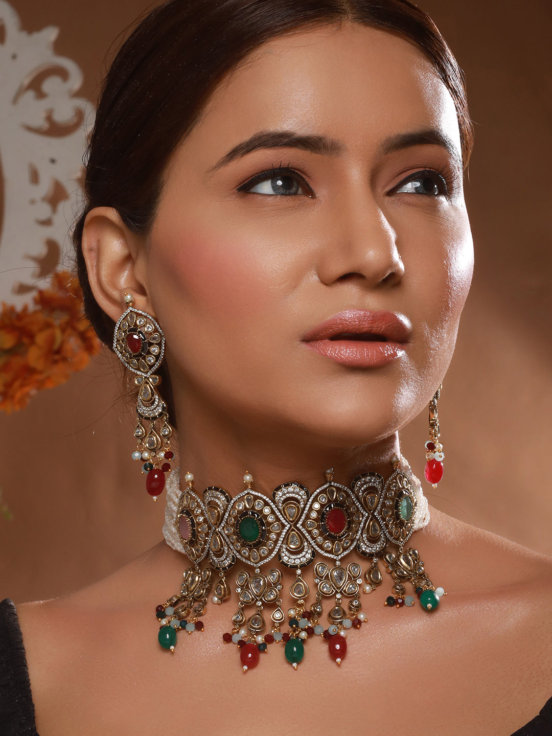 Gold Plated Kundan Studded Multicoloured Bridal Designer Choker Necklace Jewellery set