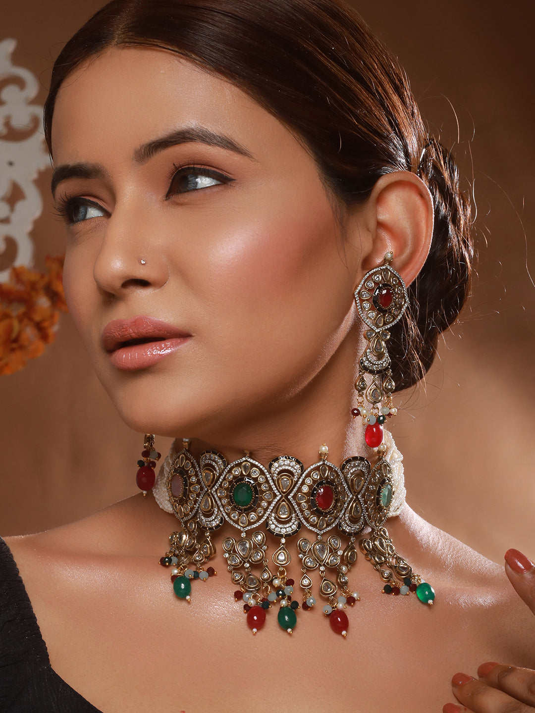 Gold Plated Kundan Studded Multicoloured Bridal Designer Choker Necklace Jewellery set