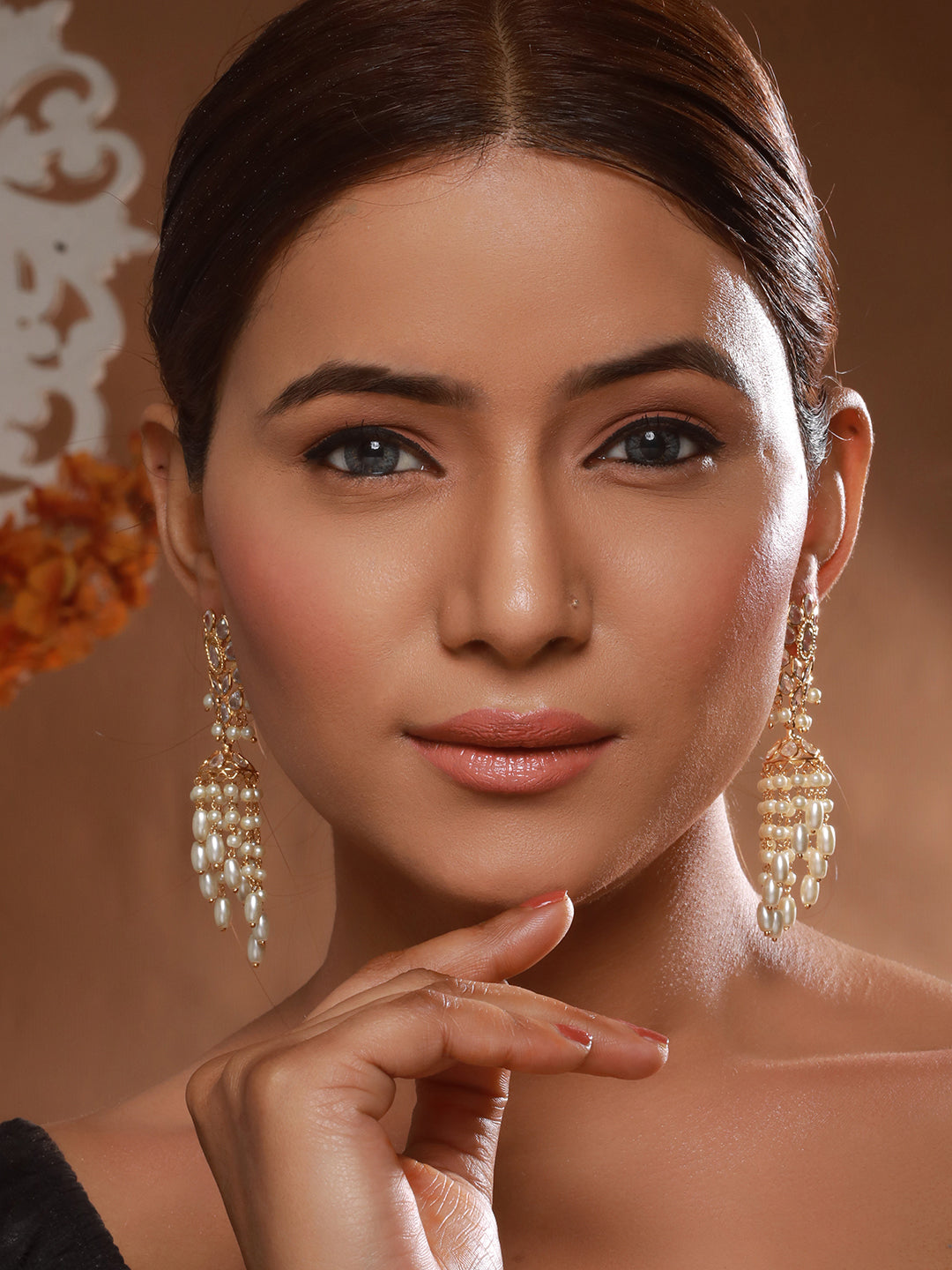 24K Gold Plated Kundan Studded Pearl Beaded Dropdown Minimal Lightweight Earring