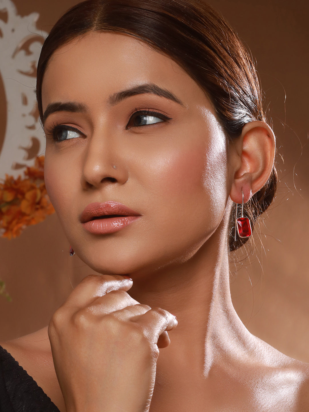 Silver Toned Oxidised Ruby Red Solitaire Minimal Fish Hook Earrings