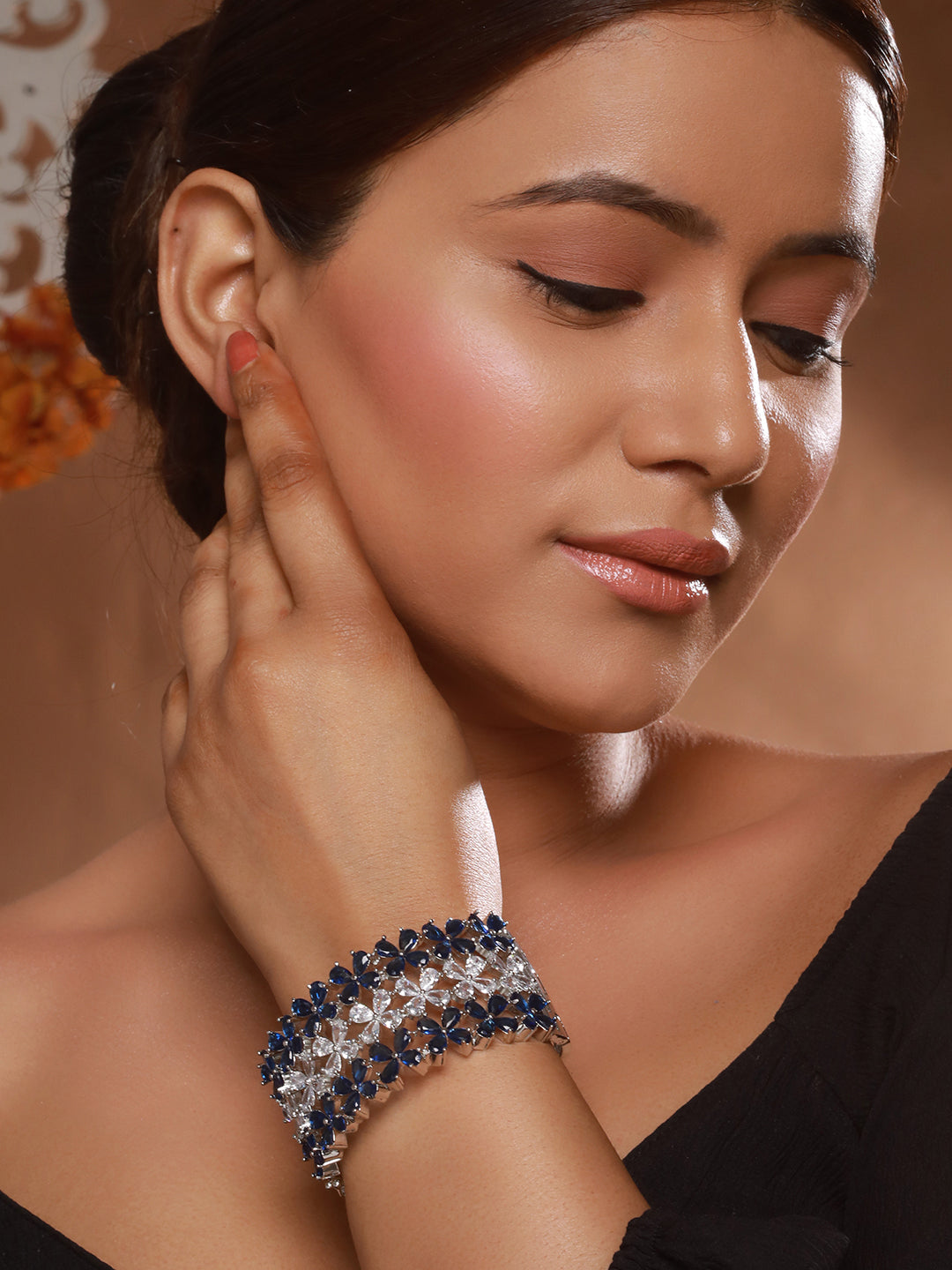 Silver Toned Blue Sapphire AD Studded Designer Bridal  Kada Bracelet