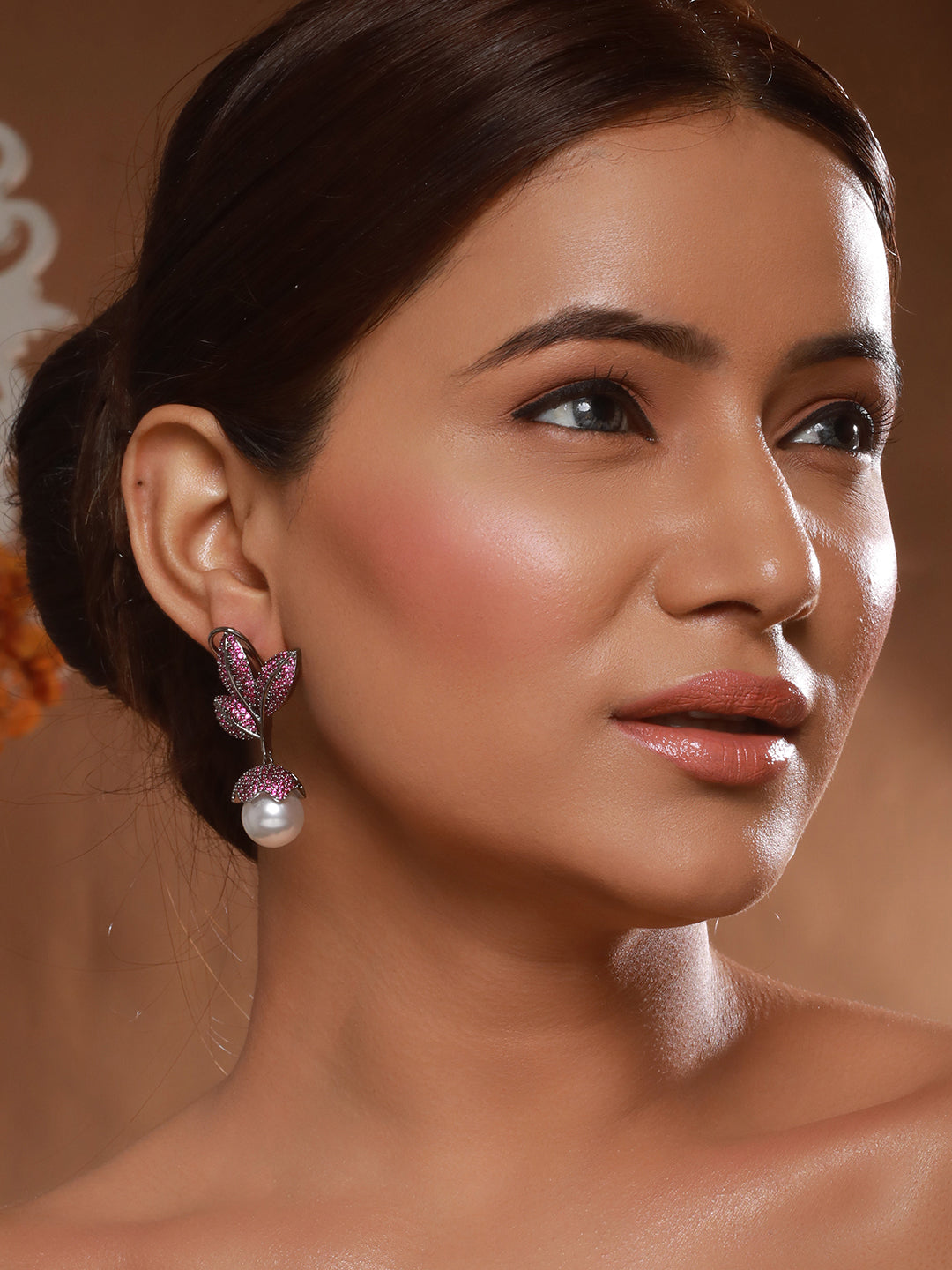 Silver Plated Red AD & Pearl Studded Luxe Designer Floral Designer  Earrings