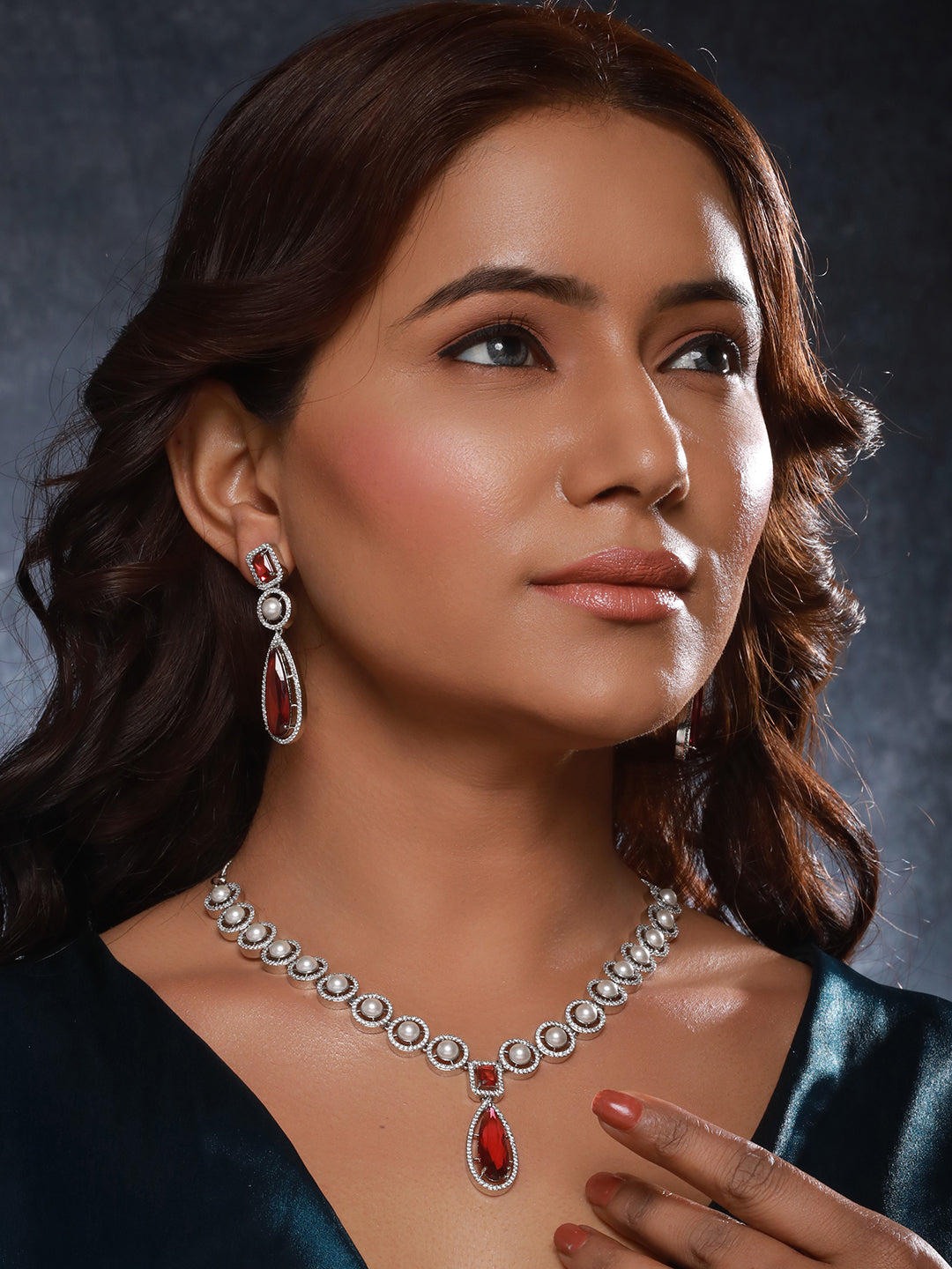 Silver Rhodium  Red Zircon Pearl Beaded  Designer Necklace  Jewellery  Set