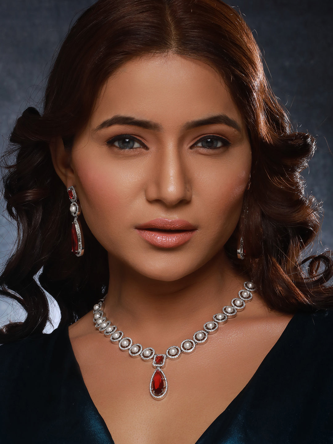 Silver Rhodium  Red Zircon Pearl Beaded  Designer Necklace  Jewellery  Set