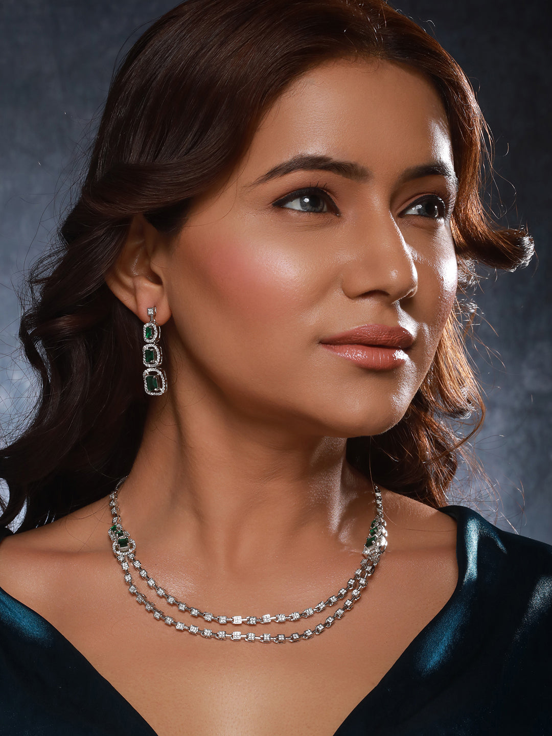 Silver Plated  Green Zircon Studded Double 2 Lined Bridal Luxe  Jewellery set