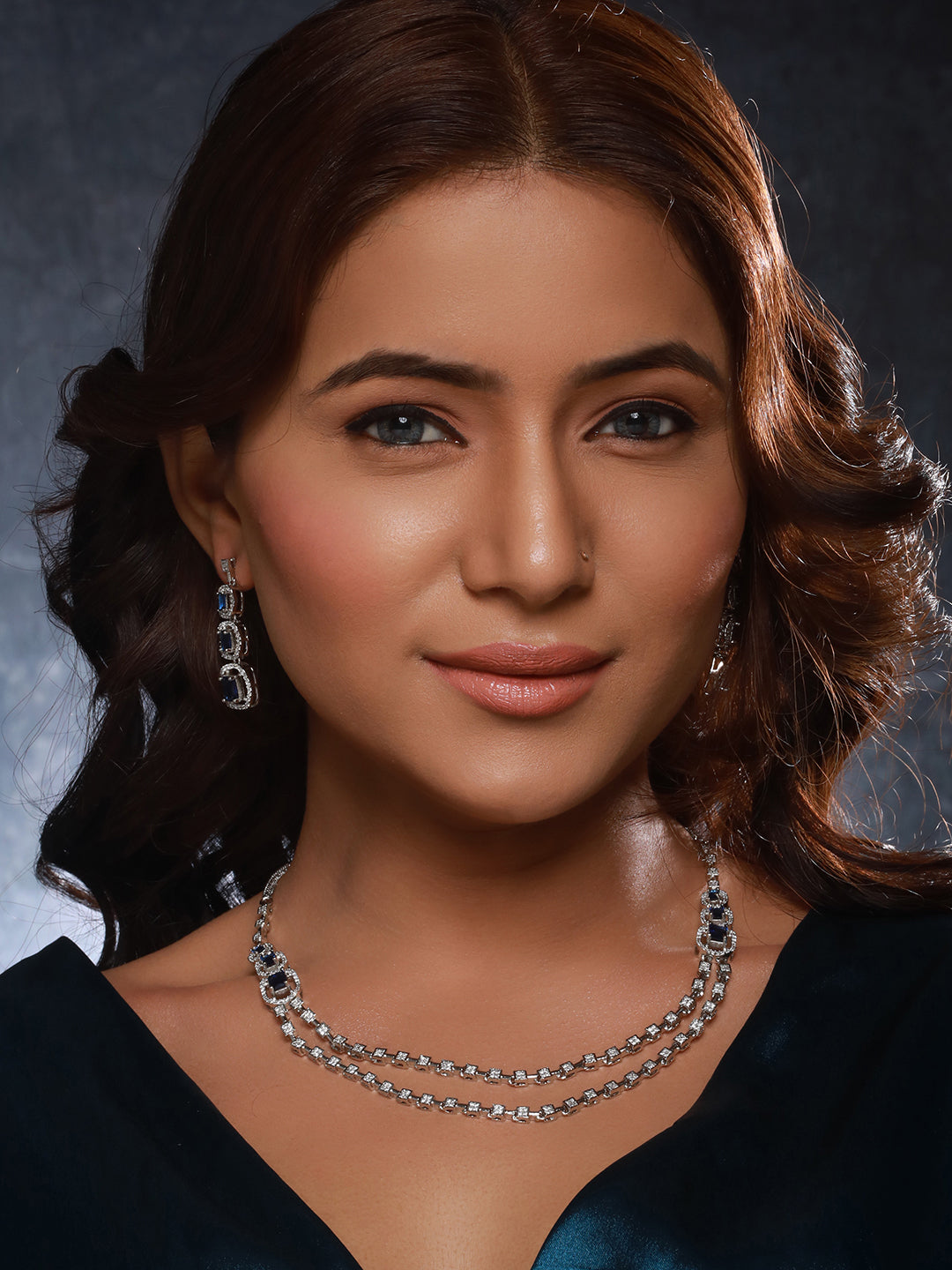 Silver Plated  Blue Zircon Studded Double Lined Bridal Designer  Jewellery set