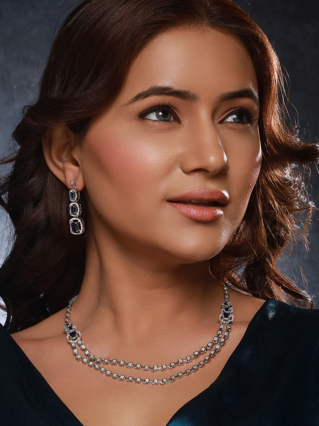 Silver Plated  Blue Zircon Studded Double Lined Bridal Designer  Jewellery set