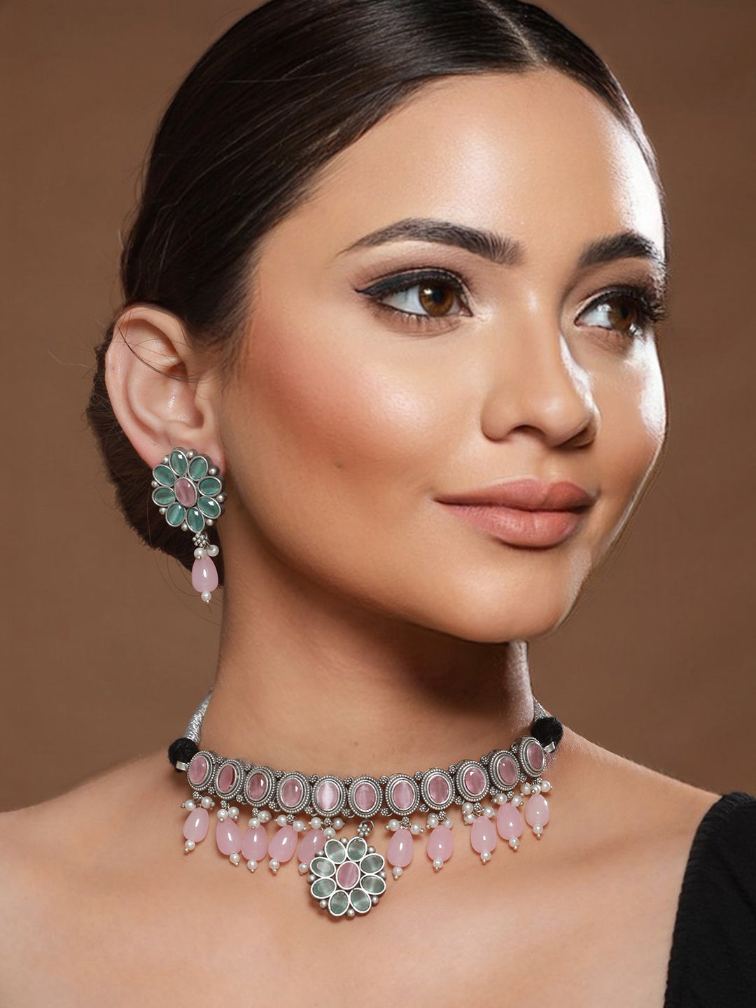 Oxidised Green Stone Studded & Pink Pearl beaded Pendant Jewellery  Set