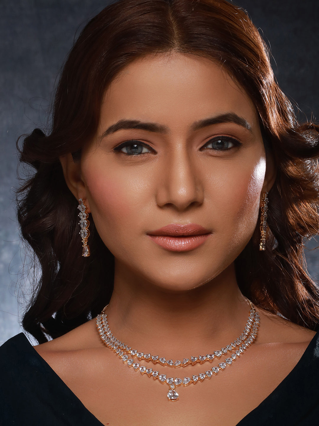 Gold Plated Zircon Studded Double  Lined Pear Shaped Solitaire Bridal Necklace jewellery Set