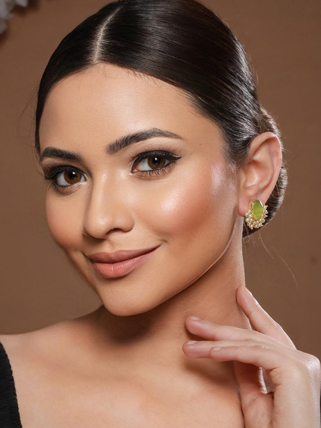 Gold Plated Green Stone & Pearl Beaded Earrings