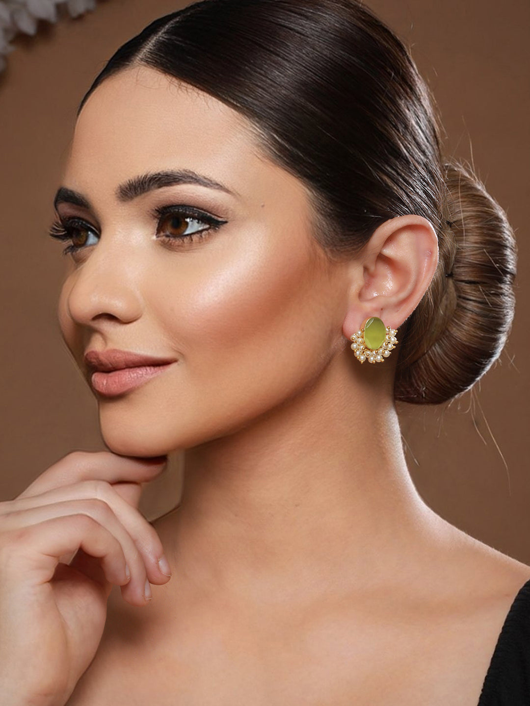 Gold Plated Green Stone & Pearl Beaded Earrings