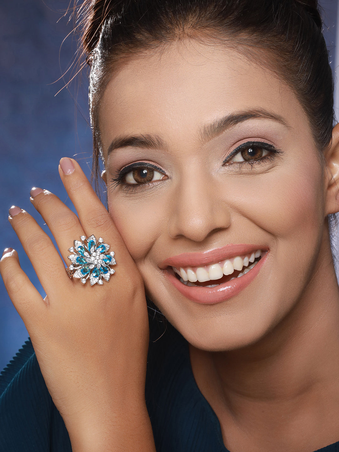 Silver Plated Aqua Blue AD Designer Adjustable Engagement Finger Ring