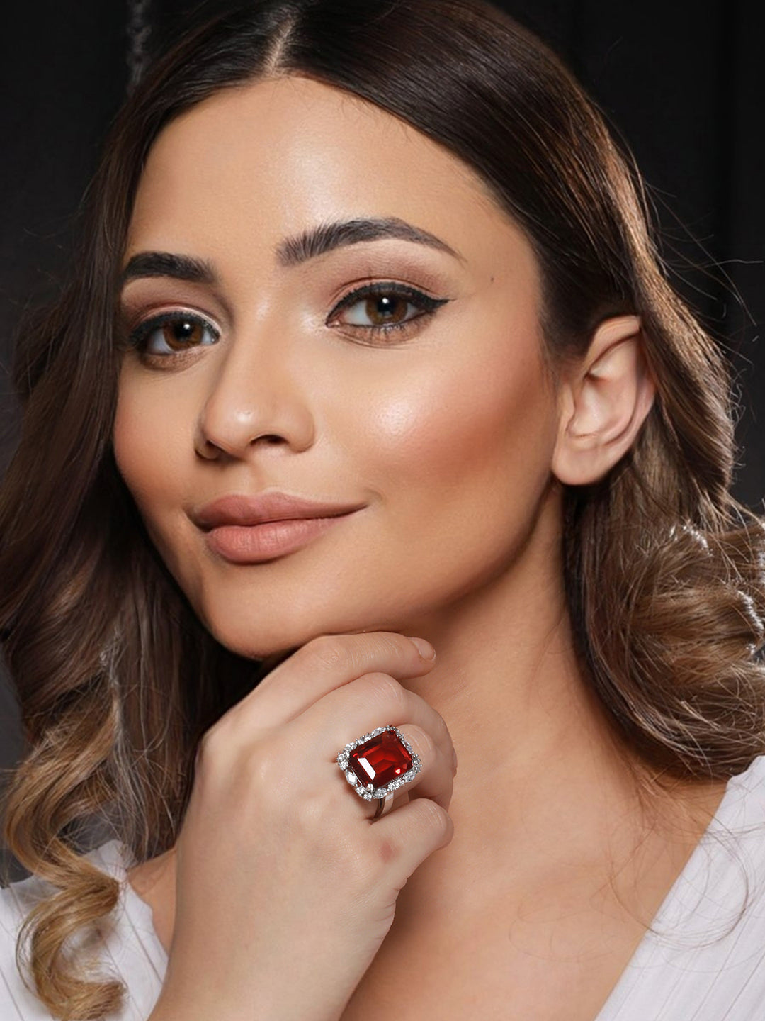 Silver Toned Red Ruby CZ Studded Cocktail Designer Finger Ring