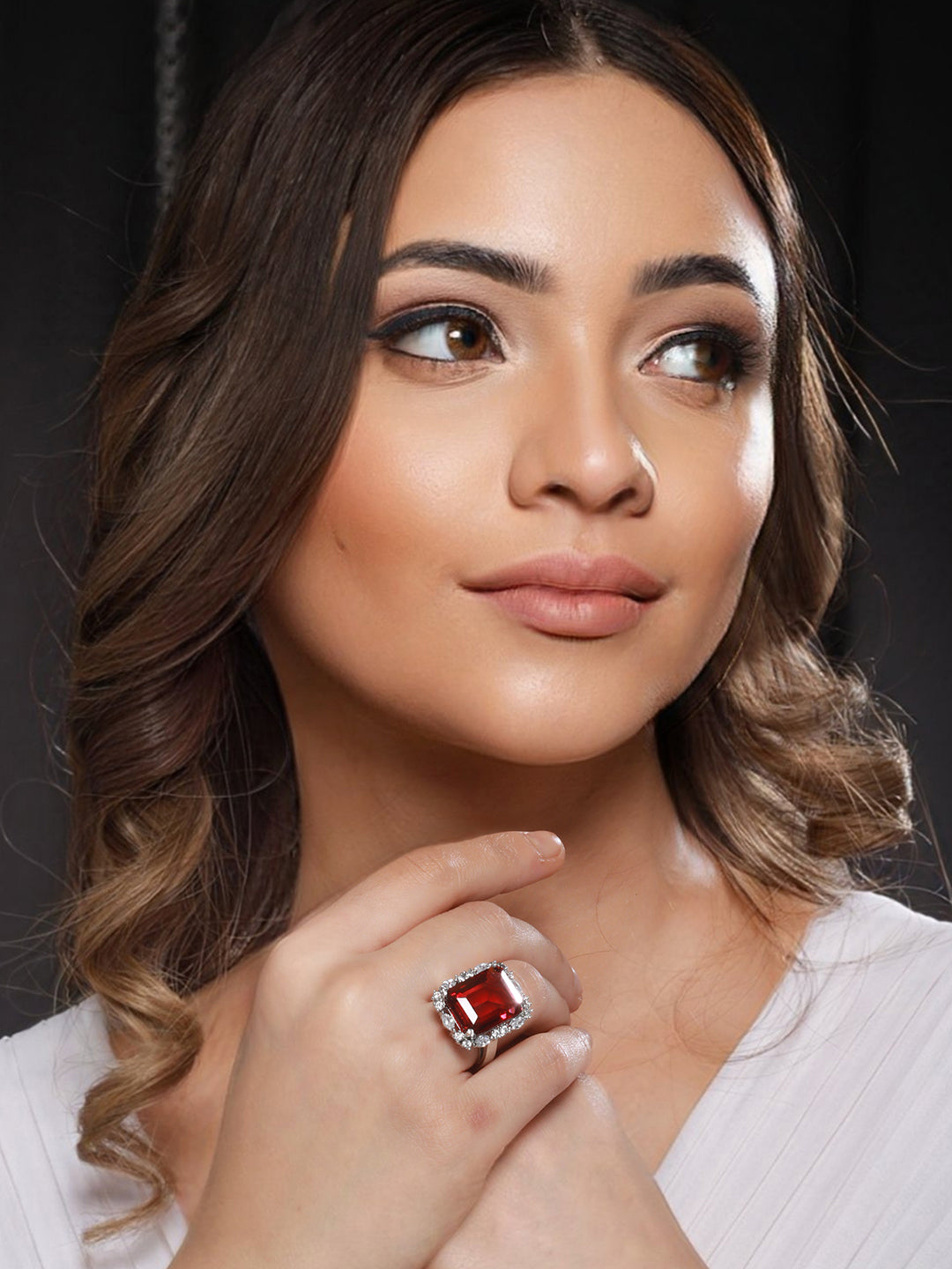 Silver Toned Red Ruby CZ Studded Cocktail Designer Finger Ring