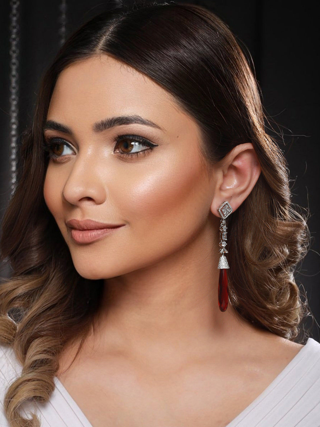 Silver Plated Red AD Studded  Designer Dangler  Earrings