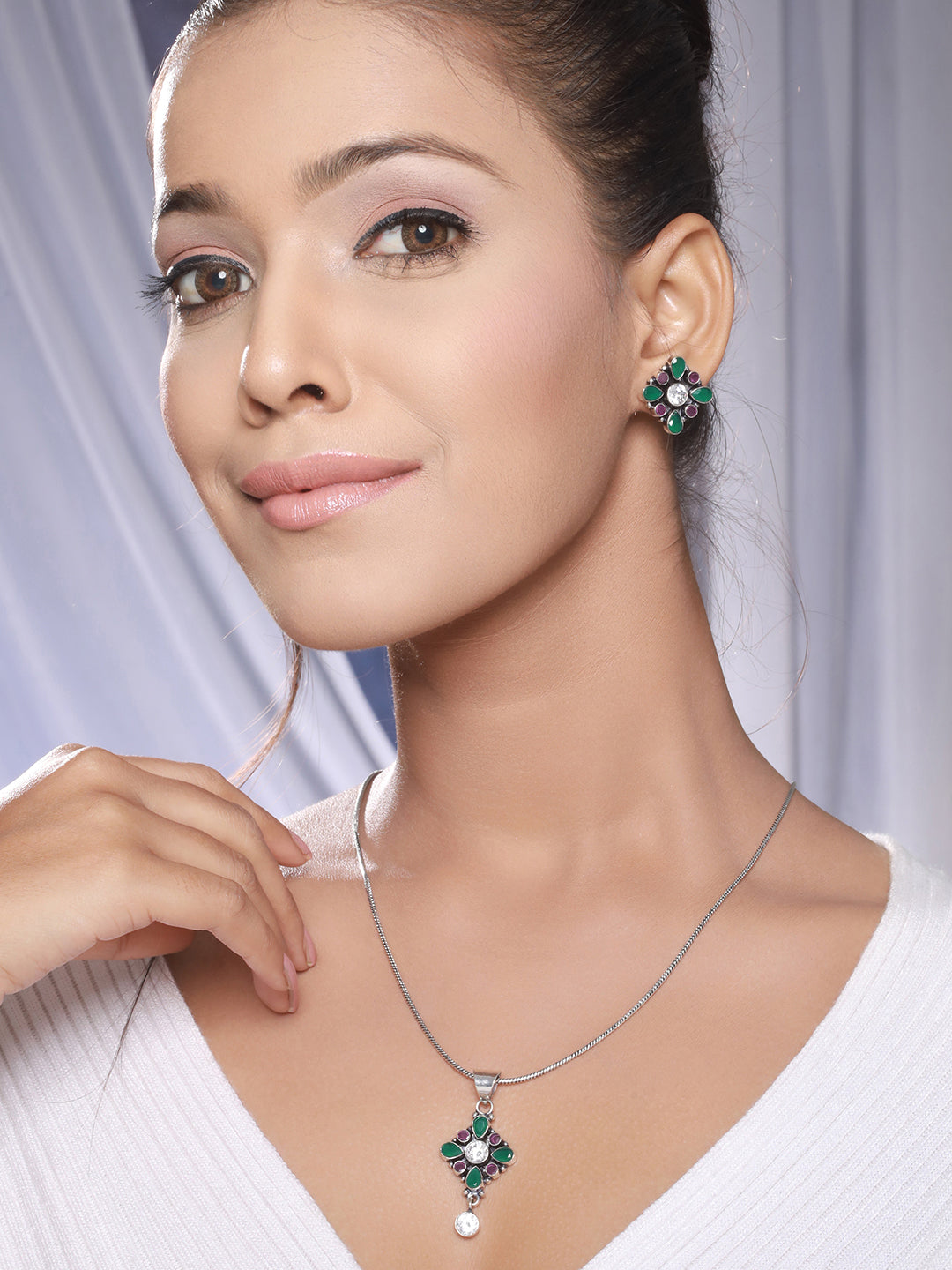 Silver Oxidised Red & Green Stones Minimal Officewear Locket  Jewellery Set