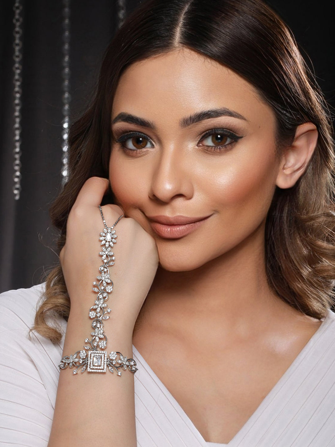 Silver Toned CZ Studded Floral Designer hathphool Ring bracelet