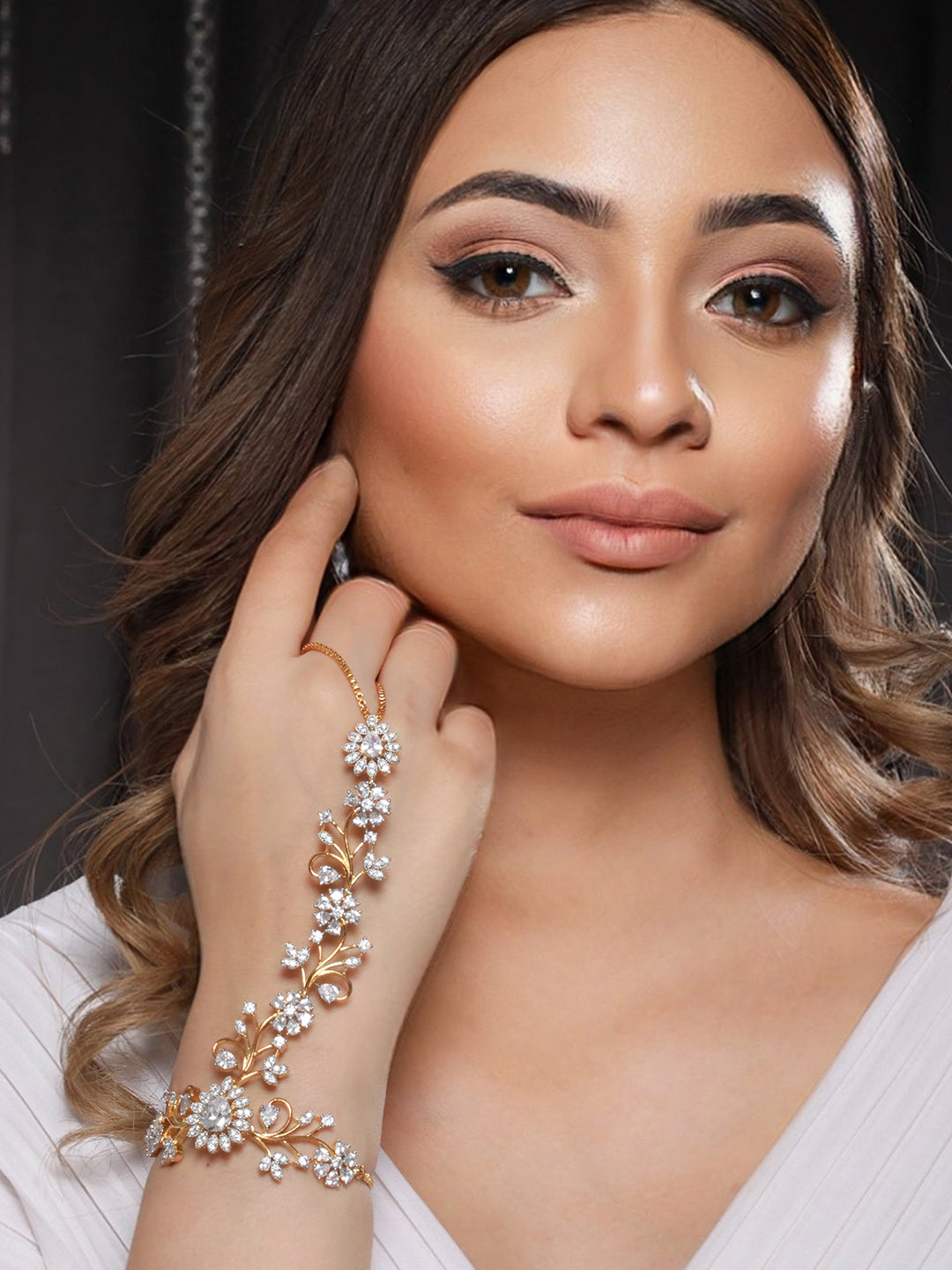 Gold Plated CZ Studded Statement hathphool Ring Bracelet