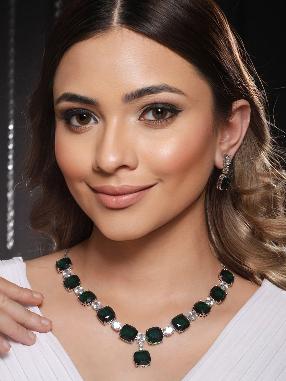 Silver Plated Green CZ Studded Luxe Designer Jewellery Set