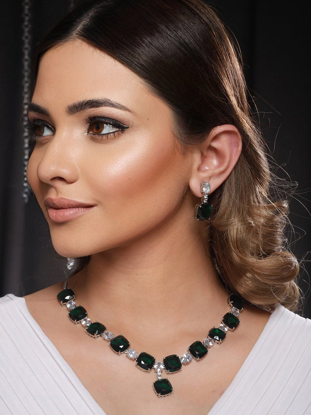 Silver Plated Green CZ Studded Luxe Designer Jewellery Set