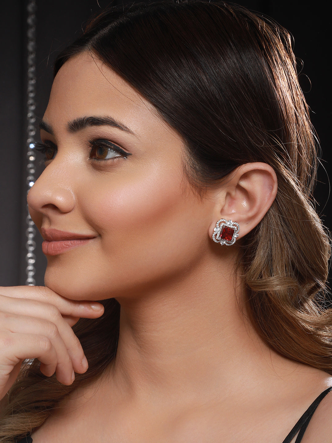 Silver Plated Red AD Studded Minimal Studs Earrings