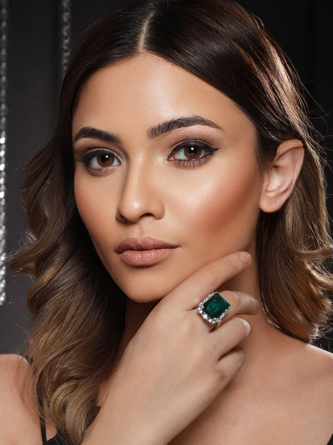 Silver Plated Green CZ Studded Cocktail Luxe Finger Ring
