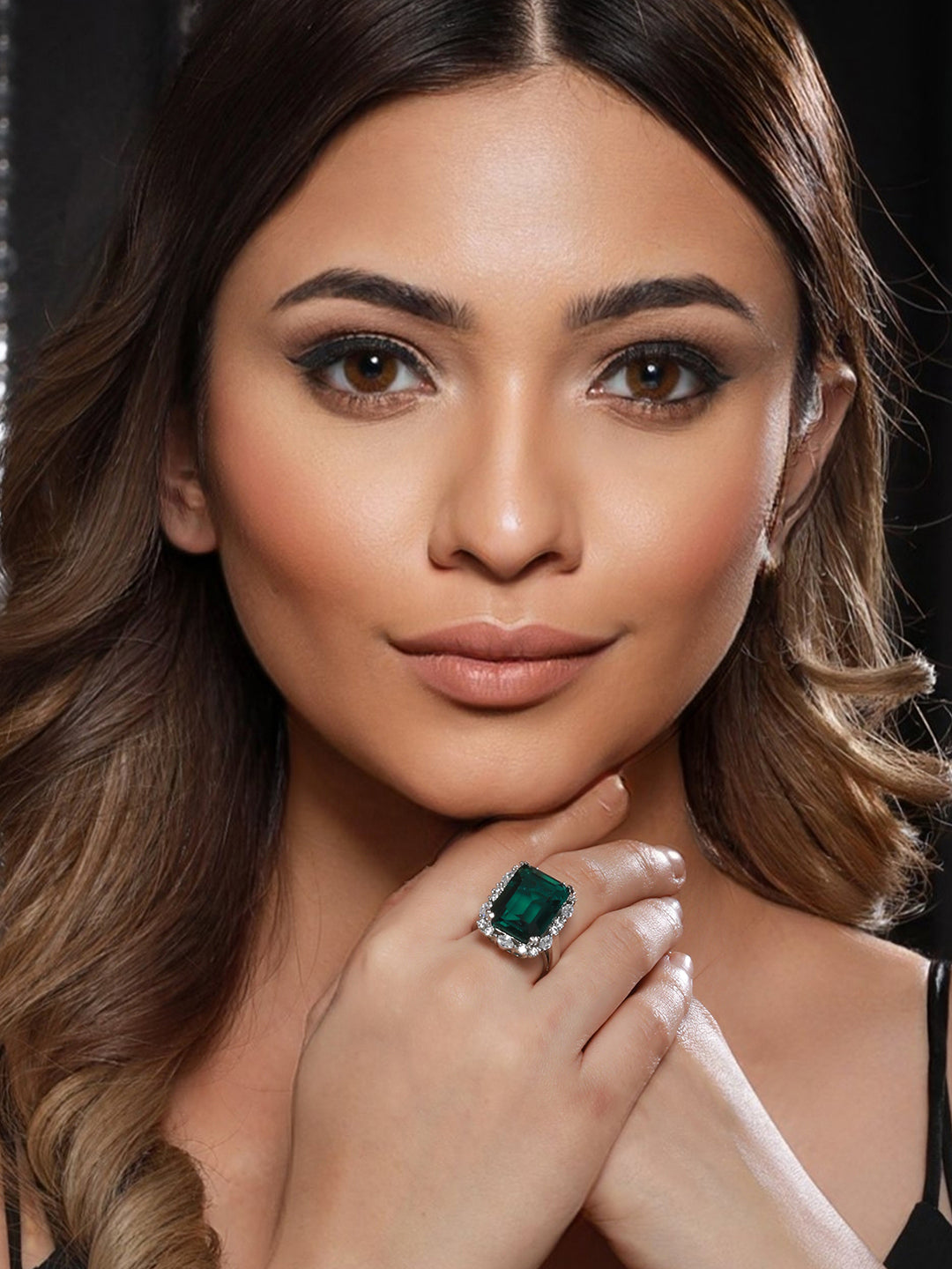 Silver Plated Green CZ Studded Cocktail Luxe Finger Ring