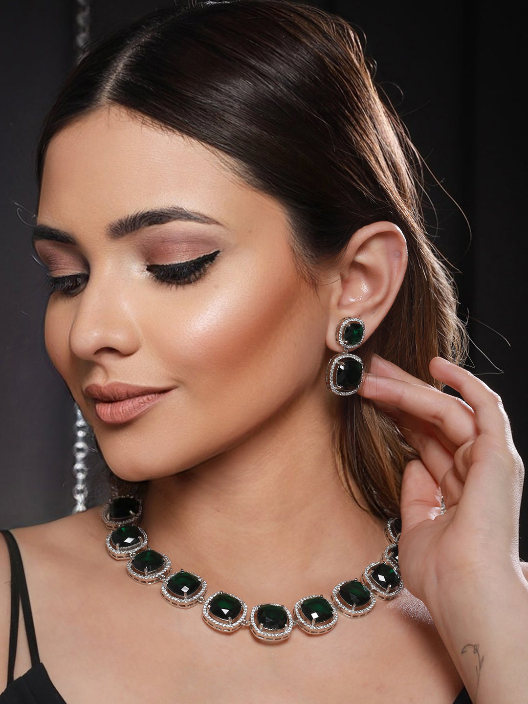 White Rhodium Plated Green CZ Studded Designer Jewellery Set