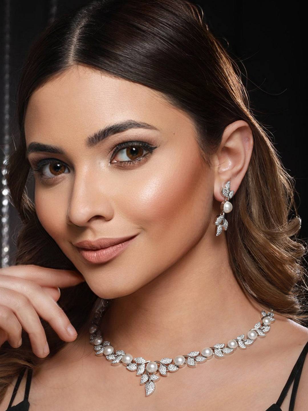 Silver Plated C Z Studded Pearl Floral Statement Jewellery Set