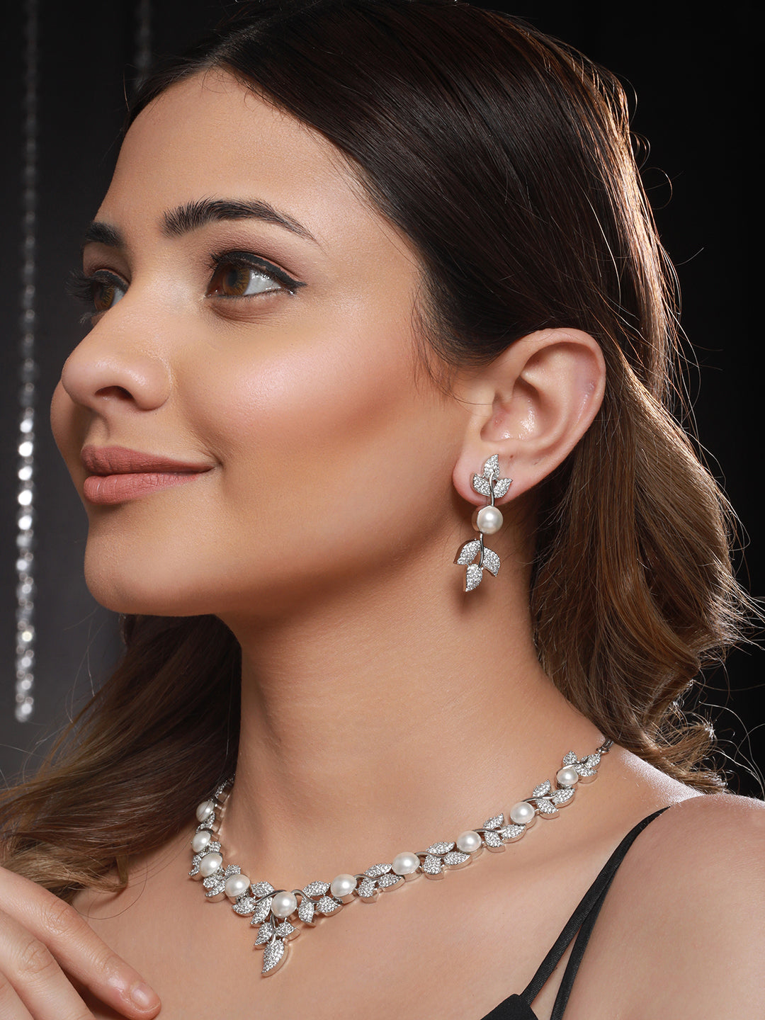 Silver Plated C Z Studded Pearl Floral Statement Jewellery Set