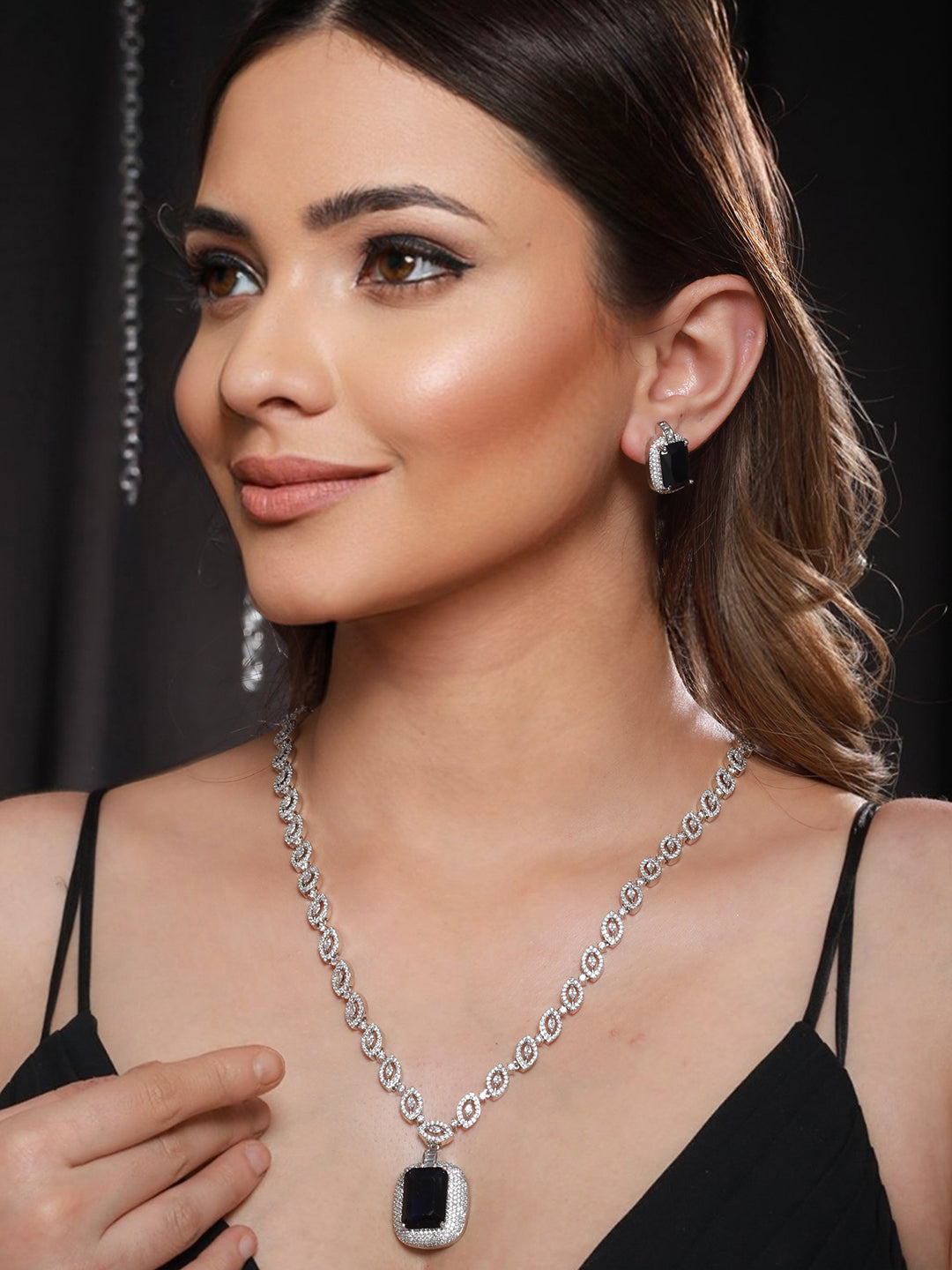 Silver Plated Blue CZ Studded StatementJewellery Set