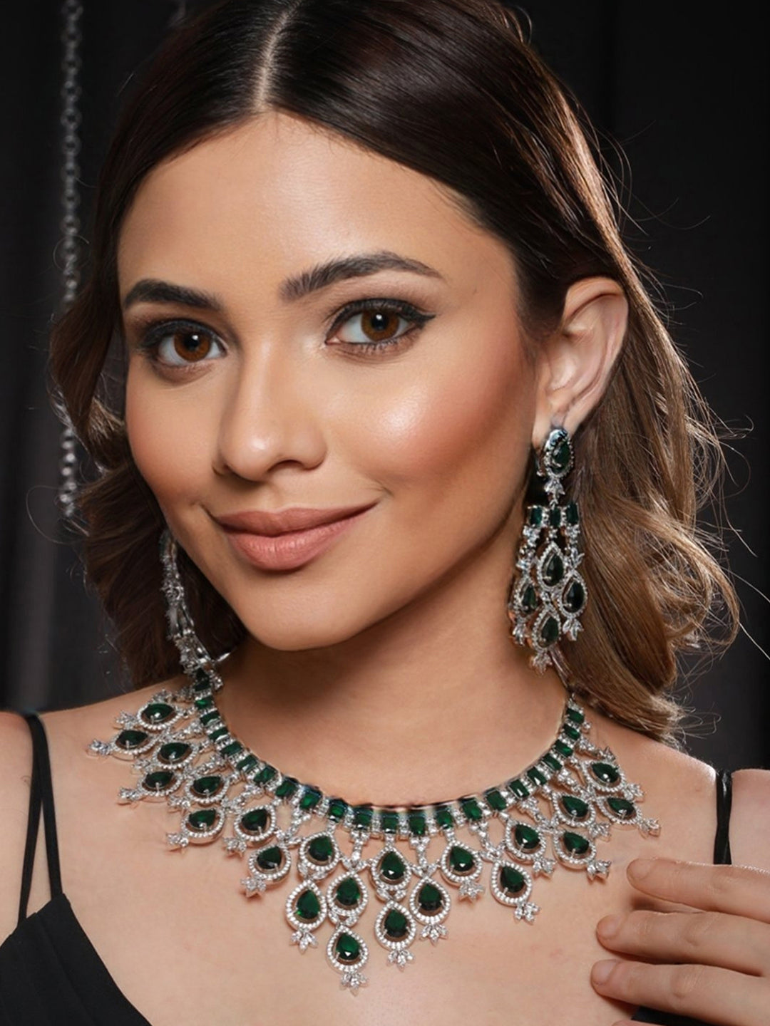 White Rhodium Silver Plated  Green CZ Stone Studded jewellery Set