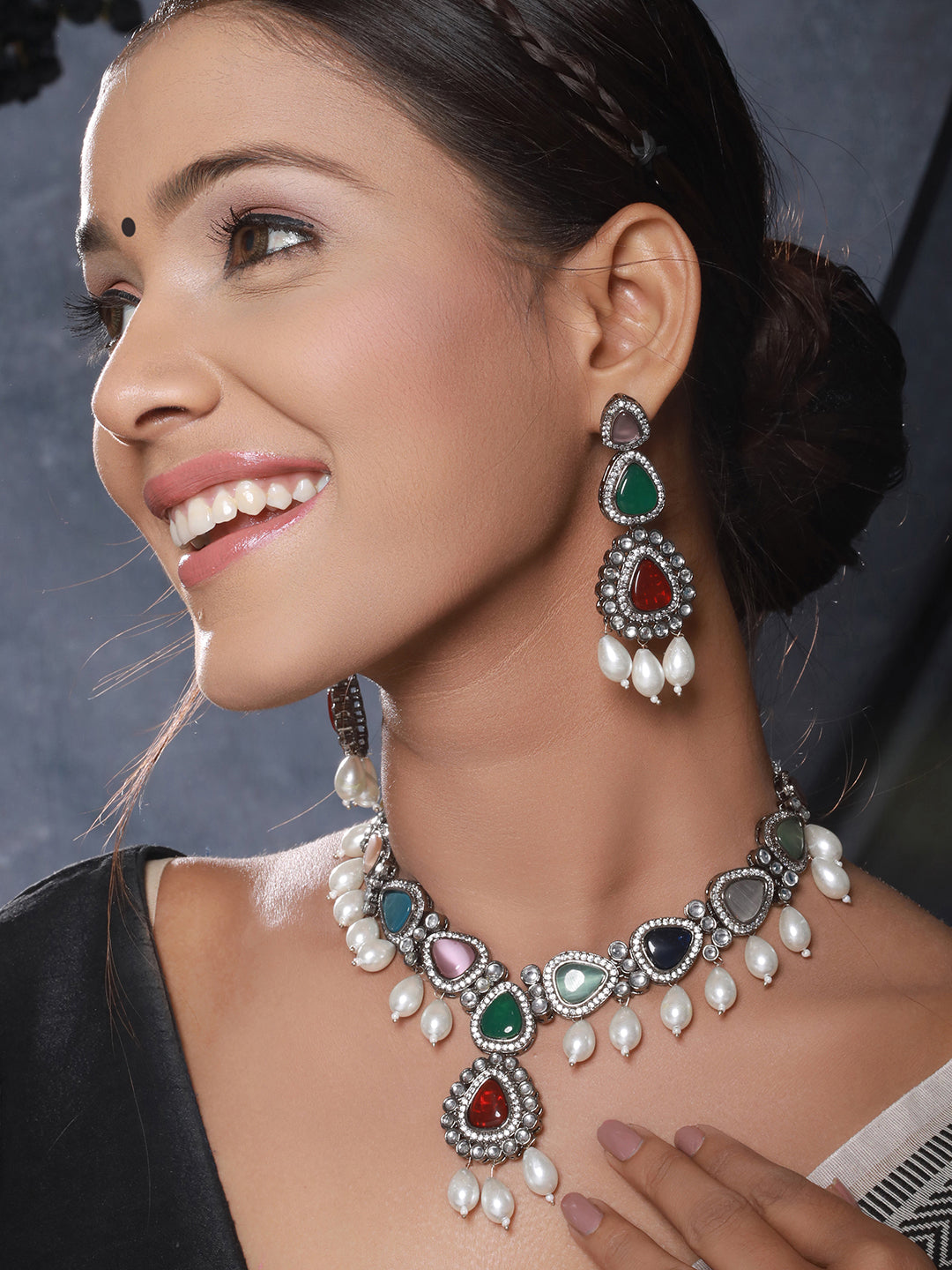 Silver Toned Multicolored Kundan & Pearl Beaded Designer  Jewellery Set