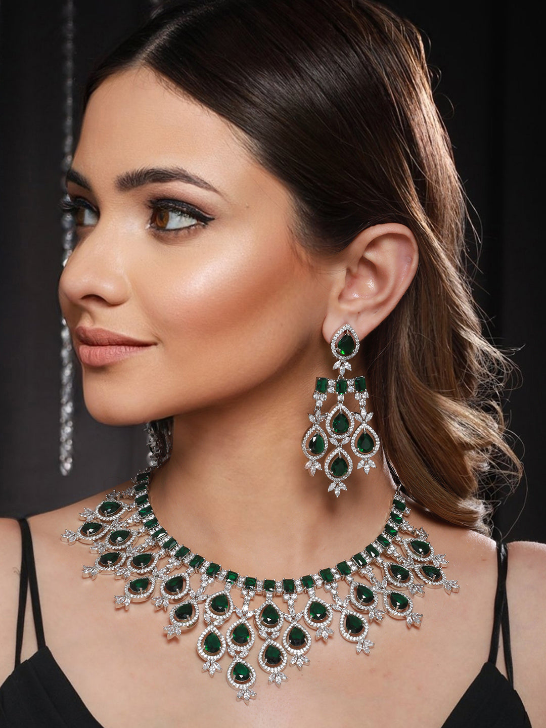 White Rhodium Silver Plated  Green CZ Stone Studded jewellery Set